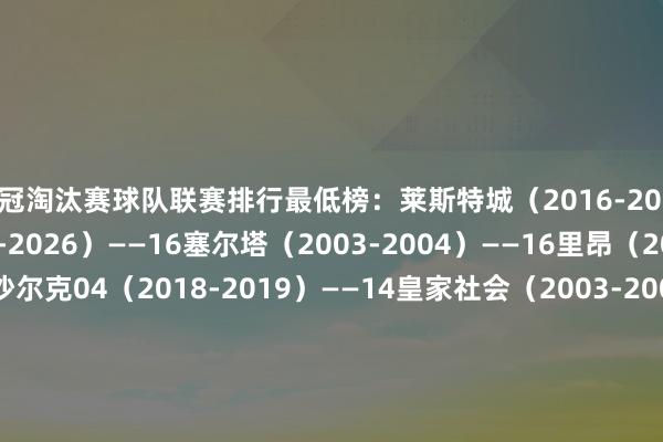 欧冠淘汰赛球队联赛排行最低榜：莱斯特城（2016-2017）——17热刺（2025-2026）——16塞尔塔（2003-2004）——16里昂（2019-2020）——14沙尔克04（2018-2019）——14皇家社会（2003-2004）——13纽卡斯尔（2025-2026）——12切尔西（2015-2016）——12多特蒙德（2014-2015）——12里尔（2021-2022）——11